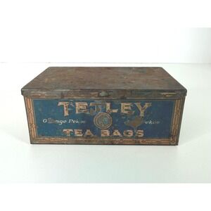 Vintage Tetley Tea Bags Tin Box Orange Pekoe Collectible Rustic Kitchen Decor